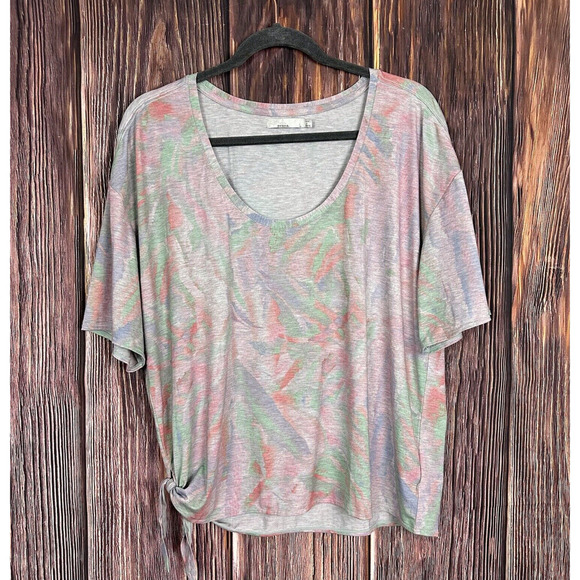 Prana Polyjungle Top Womens Large Pink Green Floral Short Sleeve Side Tie TShirt - Picture 1 of 7